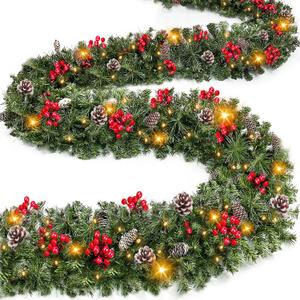 Timer & 8 Modes-9 Ft by 10 Inch Christmas Garland Decorations 50 Warm White Lights Lighted 270 Branch 70 Red Berries 10 Pinecone Mantle Xmas Garland Christmas Decor