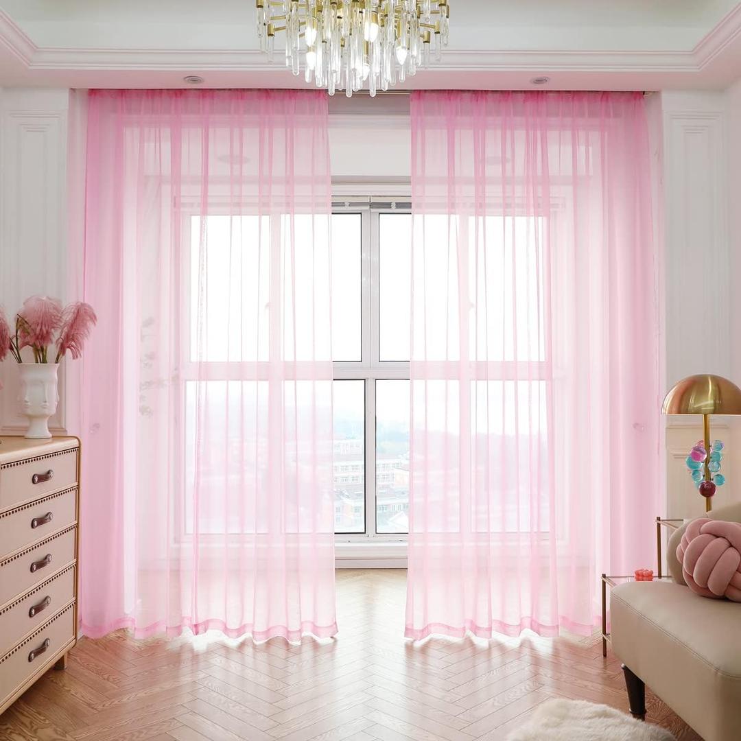 PHILEASY Window Sheer Pink Curtains 45 Inches Long 2 Panels Pink Sheer Curtains Sheer Curtain Clear Transparent Basic Rod Pocket Panel 15 Colors 10 Size for Bedroom Living Room Yard Kitchen