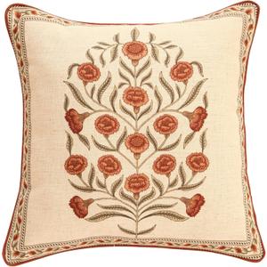 ISAENNE Design Linen Square Vintage Throw Pillow Covers 18"x18", Brick Red Cushion Covers with Orange Floral Green Leaves Pattern Decoration Pillowcases for Bed,Living Room,Outdoor,Car