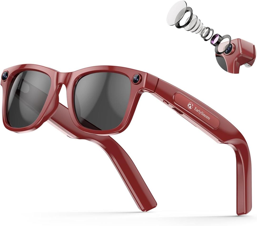 Exclusive Edition  Smart Glasses With Camera: 8mp Camera Supporting 1080p Hd Video Recording, Photo/Video/Audio Recording, 410mah Battery, Includes Ai Assistant, Ai Translation, And Bluetooth Calling (Porto red frame+black sunglasses lenses)