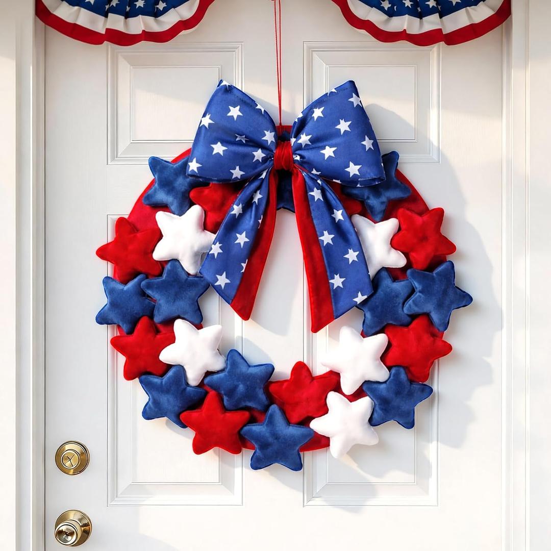Dingion 4th of July Patriotic Plush Wreaths 16 Inch Red White and Blue Star Wreaths with Bow for Front Door Independence Memorial Day Decoration Garland for 250th Anniversary Flag Labor Day Wall