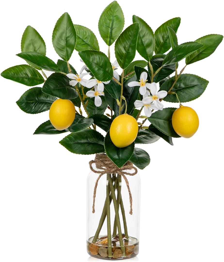 Oairse Faux Greenery Stems in Vase Aritificial Lemon Stems in Glass Vase with Faux Water Fake Lemons Branches Flower Arrangement Lemon Centerpieces for Home Kitchen Dinner Tables Decor