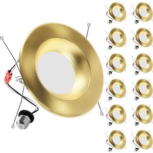 ZYC Gold 6 Inch Retrofit LED12 Pack 6" Dimmable Retrofit Downlights can Light,2700K/3000K/4000K/5000K/6000K Selectable, Damp Rated Can Lights, Baffle Trim, 15W 1200Lm(Gold, 6 inch)