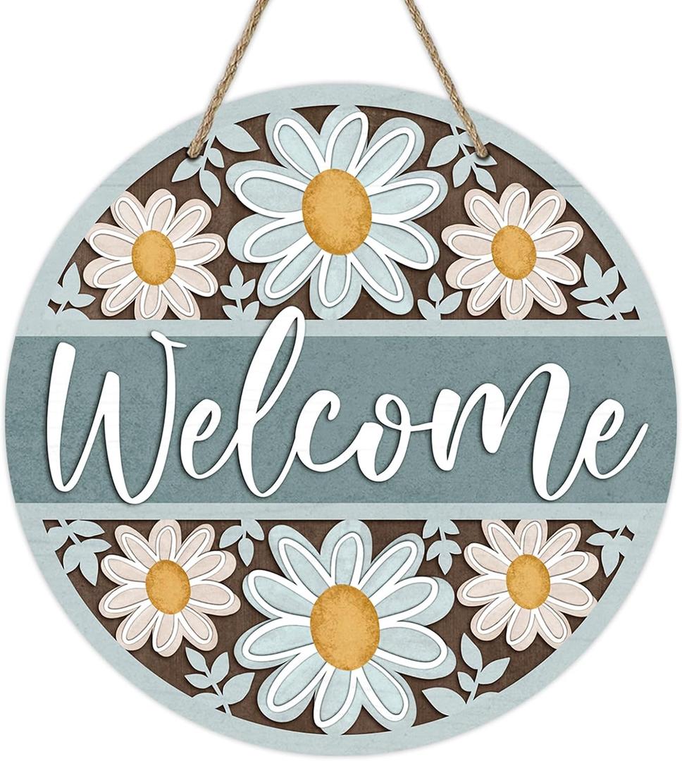 Deroro Welcome Spring Summer Daisy Flower Front Door Sign, Floral Farmhouse Wood Door Hanger Outdoor Outside Porch Decor, Rustic Seasonal Wooden Wreath Indoor Wall Hanging Decoration