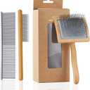 Ergonomic Slicker Brush for Long-Haired Dogs - Wooden Handle, Long Pins for Grooming Goldendoodles