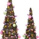 CRCZK 2PACK Easter Rattan Table Tree Decor Lighted Easter Decorations Table Centerpieces Decor Artificial Tree with Led Lights,Eggs&Berries Spring Decorations for Home (Pink Green)