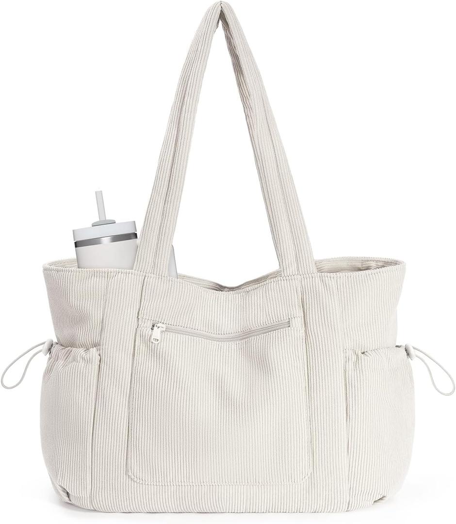 ECOHUB Tote Bag for Women Work Tote Bags with Laptop Compartment Large Corduroy Tote Bag Shoulder Bag Handbag for Travel (Beige)