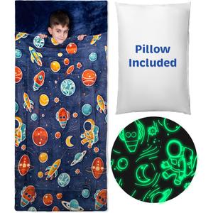 Kids Sleeping Bag for Boys & Girls - Glow in The Dark for Ages 3+, Large With Pillow Pocket, Extra Soft Toddler Blanket (66" x 33") (Blue - Space)