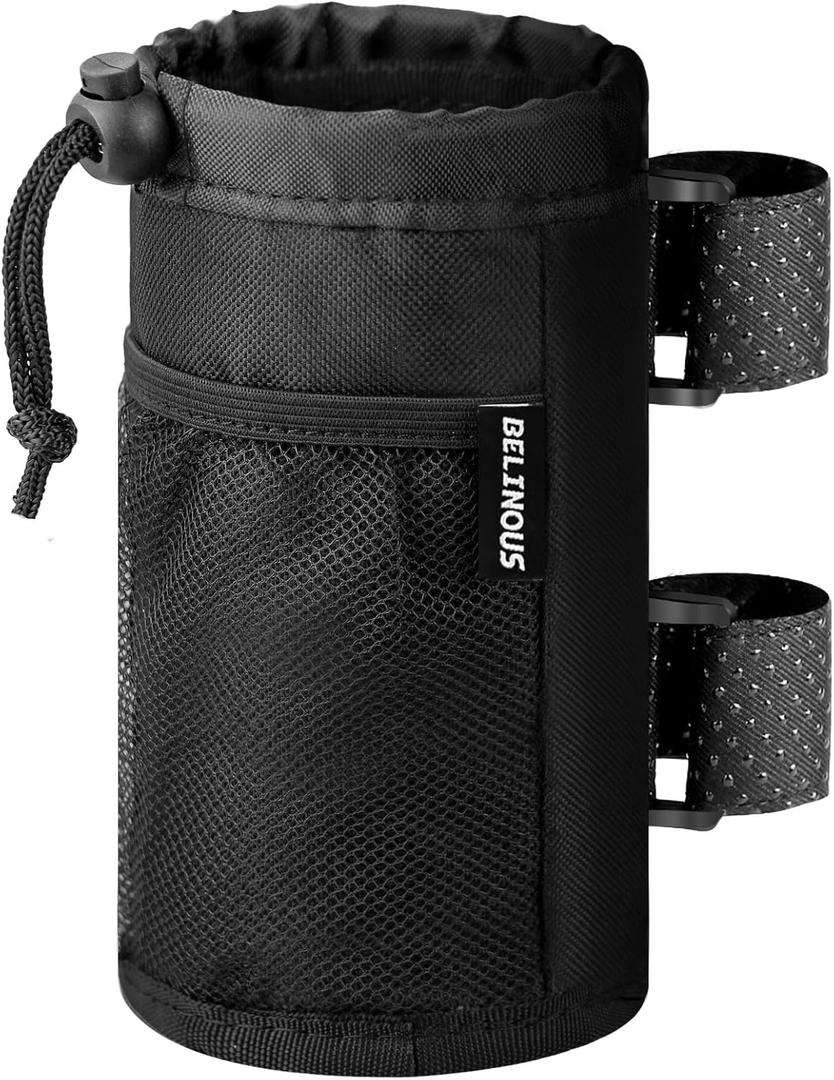 Belinous Bike Cup Holder for 8-24oz Bottles, Scooter Water Bottle Holder for Walker Wheelchair UTV Golf Cart and Boat, e-Bike Drink Holder with Net Pockets and Hook and Loop Straps (1 PC, Medium)