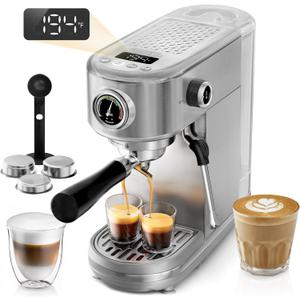 HIBREW H10B - Professional Espresso Machine - Cappuccino Maker with Milk Frother, Adjustable Temperature & Cup Volume, with Display, Pressure Gauge & Stainless Steel Body (Silver)