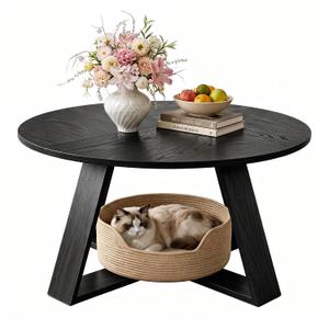 HAIOOU Round Coffee Table for Living Room with Open Storage Black Wooden, 31.5"D x 31.5"W x 17.7"H