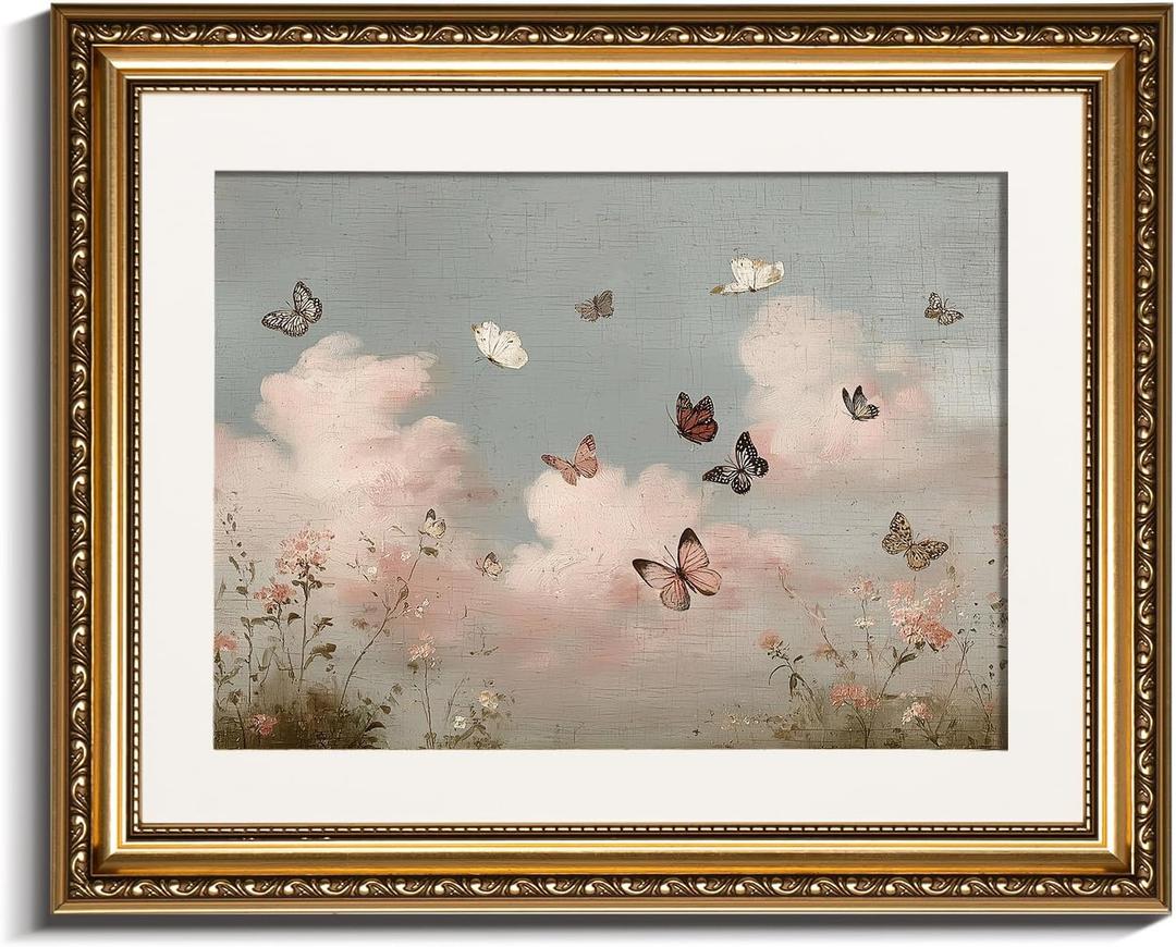 InSimSea Gold Picture Framed Wall Art, Living Room Vintage Butterfly Cloud Nursery Wall Decor, Field Landscape Canvas Print Art, Home Farmhouse Decor, Antique Paintings with Frame 13x16inch