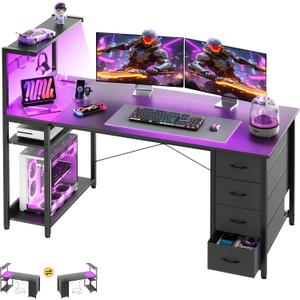 55in Gaming Computer Desk with Drawers & Storage Shelf & Iron Hook, Black