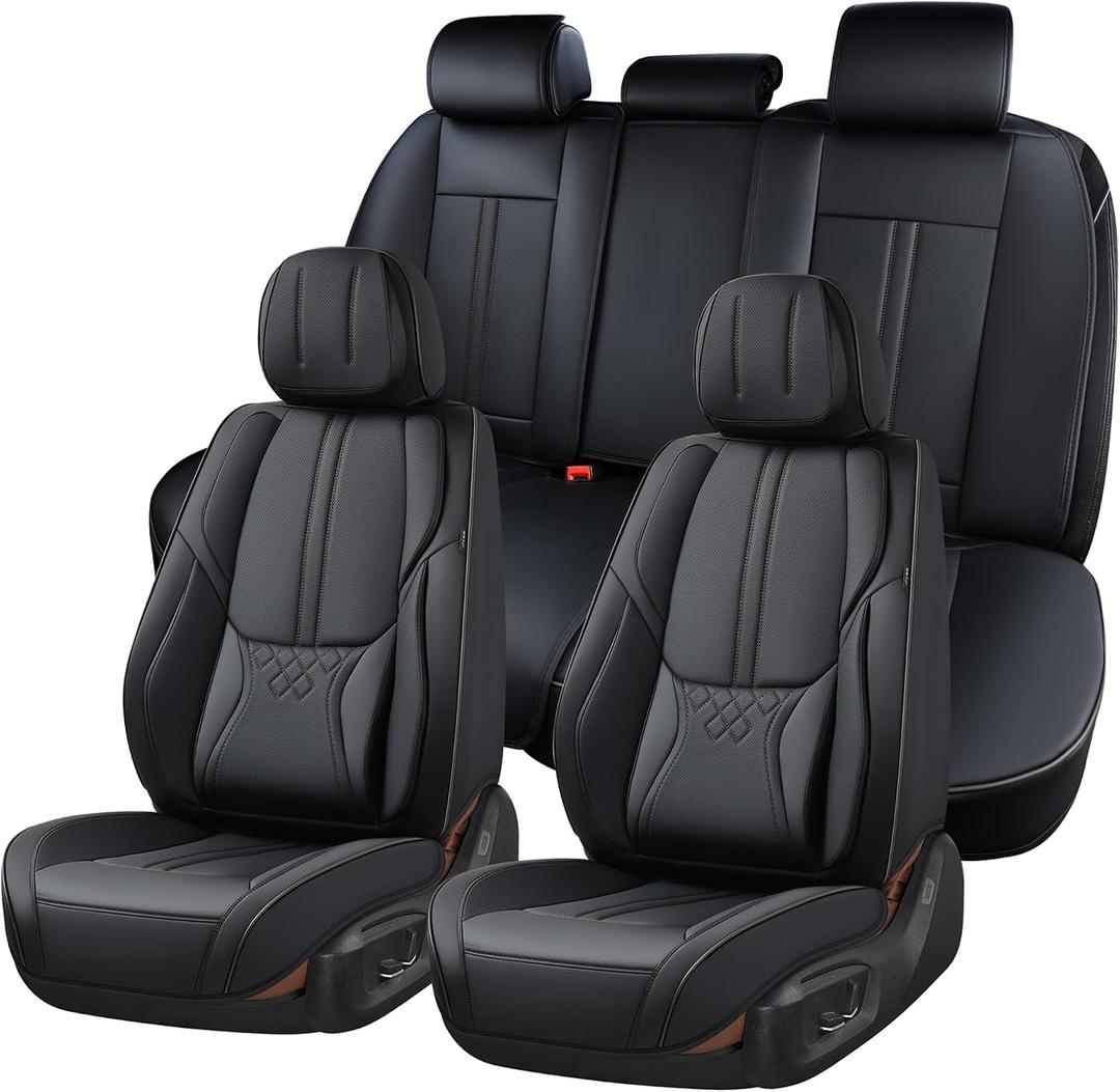 BWTJF Black Car Seat Covers Full Set, Universal Front and Rear Seat Covers for Cars, Waterproof Leather Auto Seat Protectors Airbag Compatible, Car Seat Cushions Fit for Most Sedans SUV Pick-up Truck
