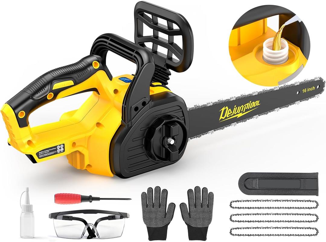 16 Inch Electric Chainsaw Compatible with Dewalt 20V/60V MAX Battery (Tool Only), Brushless Cordless Chainsaw with Auto Oiler, Battery Level Screen, 3 Chains, Handheld Pruning Saw for Tree Branch, Yellow-black-16 in