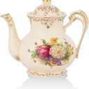 European Porcelain Teapot, Vintage Floral Teapot, Ivory Gold Trim, 28 OZ
