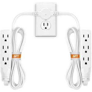 Twin Extension Cord Power Strip - 12FT Dual Extension with Flat Wall Plug, Split Extension Cord with Multiple Outlets, Sleek Socket Double Head Outlet for Behind Bed, Couch,Indoor Flush Design(White)
