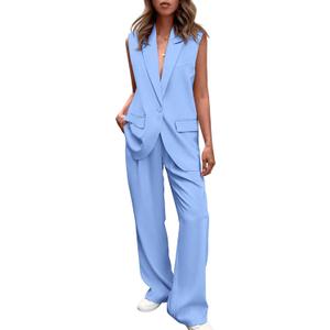 PRETTYGARDEN Women's 2 Piece Outfits Sleeveless Suit Vest and Wide Leg Pants Business Casual Blazer Sets (Medium, Light Blue)