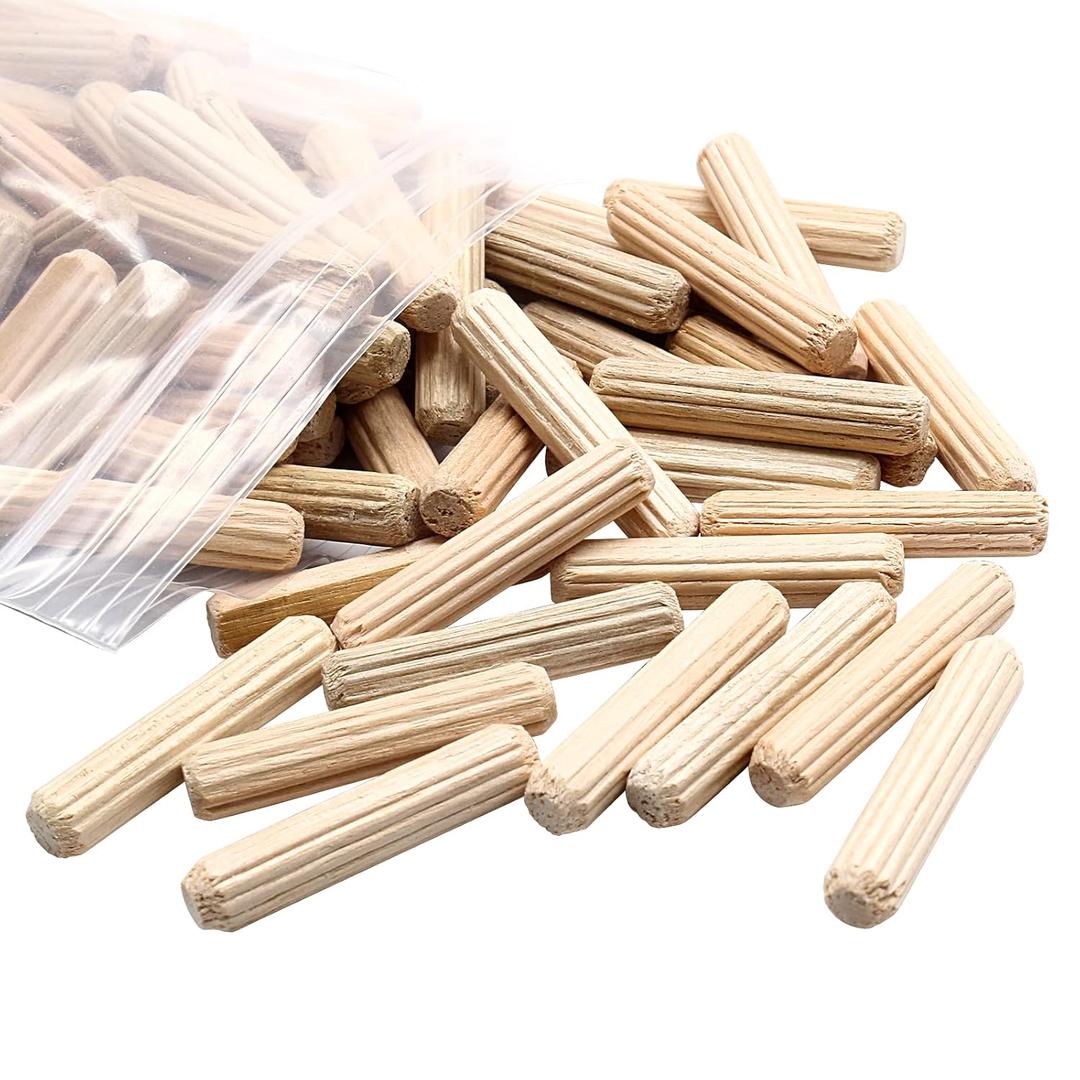 120pcs Hardwood Wood Dowel Pins, 1/4" x 1-1/8" Fluted Wood Dowels Rods Crafts Dowel Pegs for Woodworking Furniture Door Arts and Crafts DIY Projects, Straight Grooved