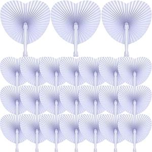 Yulejo 100 Packs Wedding Folding Paper Fans Bulk White Heart Shaped Foldable Personalized Fan with Plastic Handles for Outdoor Wedding Ceremony Women Guest Convention Pocket Favor