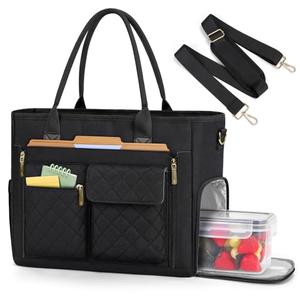 RAINSMORE Teacher Tote Bag with Insulated Lunch Compartment 15.6 inch Laptop Bag for Women Lightweight Work Bags Nurse Bags Professional Briefcase Computer Handbag for Office, College, Nursing, Black