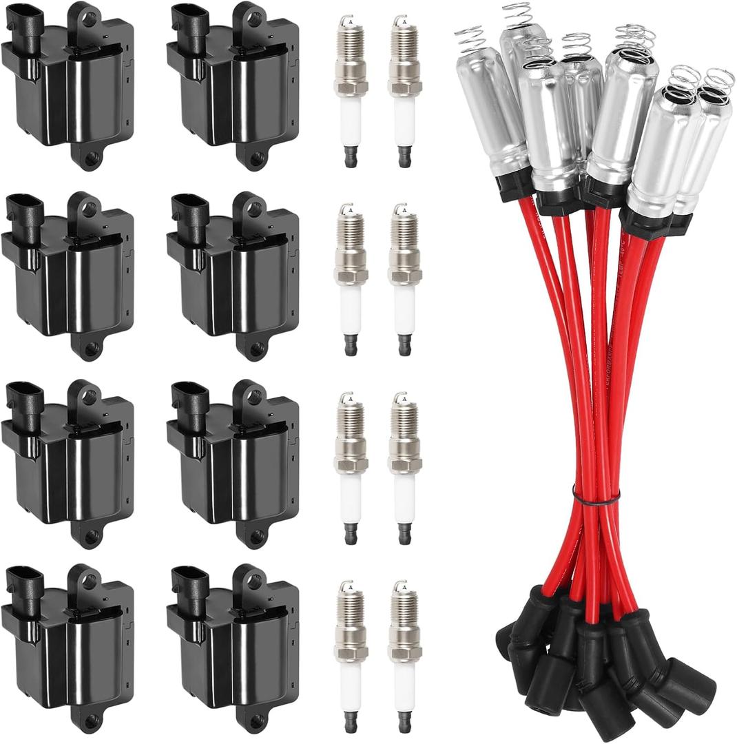 8Pcs UF271 Square Ignition Coils with 41-962 Platinum Spark Plugs & 748UU 8mm Spark Plug Wires Set Compatible with Chevy Silverado Suburba Tahoe, Cadillac, GMC Sierra Yukon 4.8L 5.3L 6.0L