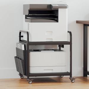 Printer Stand with Storage, Height Adjustable Printer Table with Power Outlets and USB Ports, Under Desk Printer Cart with Wheels for Home Office (Black)