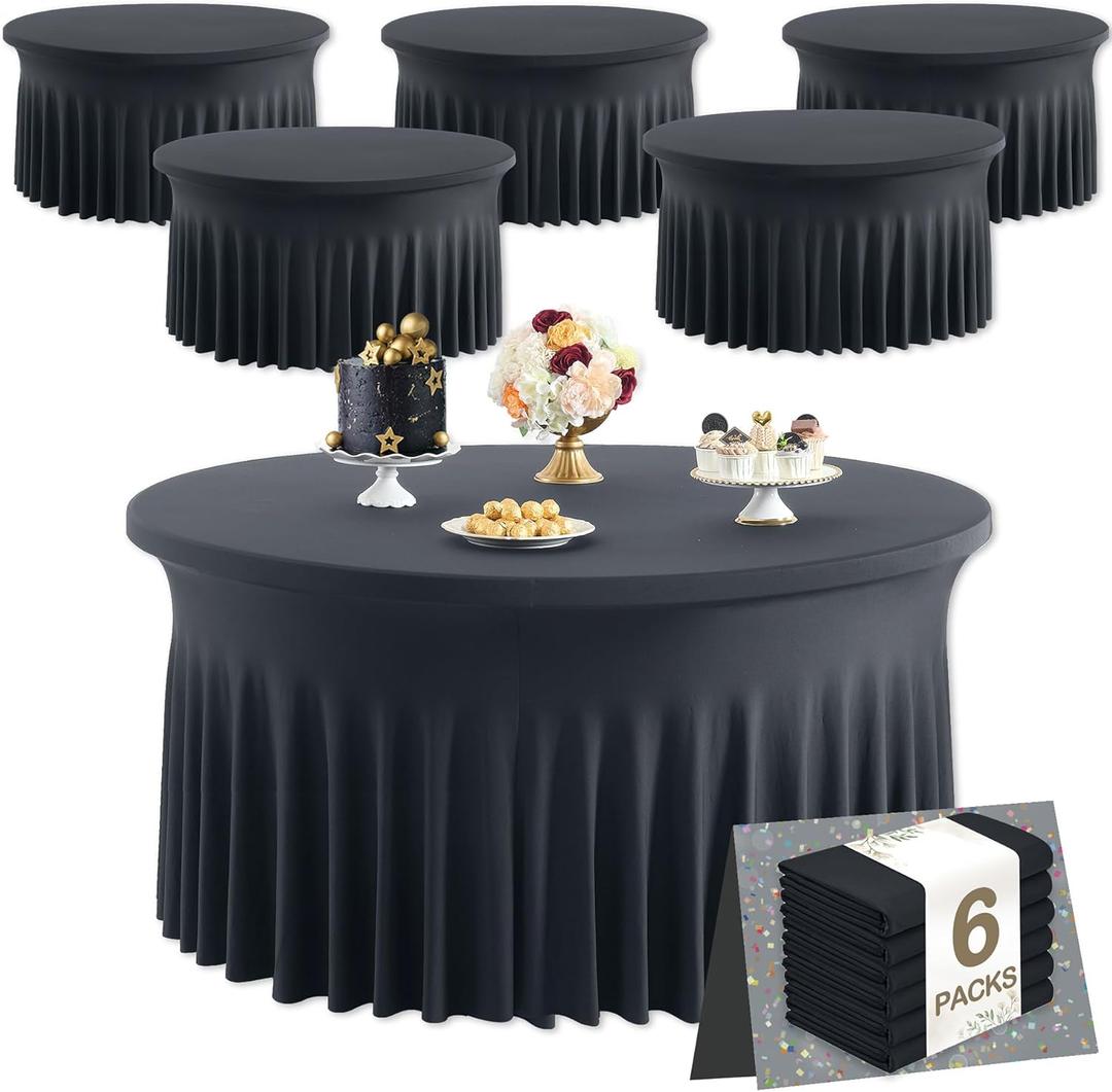 6 Pack Black Round Spandex Tablecloths for 60 inch Tables, Wrinkle Free Stretchy 120 inch Fitted Round Table Cloths Cover with Elegant Skirt for Wedding Birthday Parties Banquet