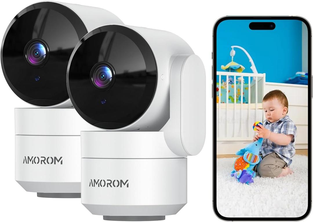 AMOROM Indoor Camera for Home Security 360°, 1080p Pet Cameras with Pan&Tilt, Night Vision, Motion Detection, 2-Way Audio, Compatible with Alexa/Google Assistant, 2.4GHz WiFi, 2 Pack