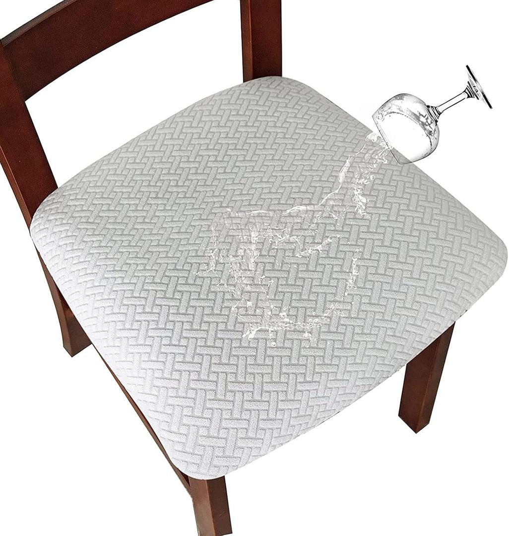 Stretch Jacquard Dining Chair Seat Covers Waterproof Seat Covers for Dining Chairs Kitchen Seat Covers Dining Room Chair Seat Covers Set of 4 (Off White, 4 Pcs)