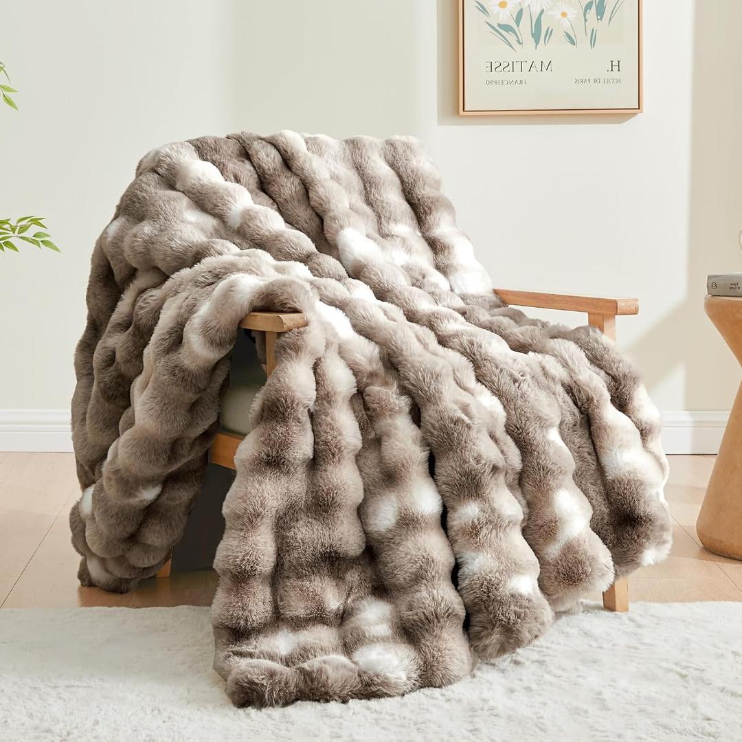 BEDELITE Faux Fur Throw Blanket for Couch, Decorative Tie-Dye Taupe Plush Bubble Blanket - Super Soft & Cozy Fluffy Faux Rabbit Fur Blanket for Women Gift, 50x60 Inches