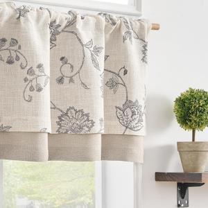 jinchan Linen Blend Gray Floral Valance Double Layer Light Filtering Valance 18 Inch Cottagecore Farmhouse Window Treatment Decor for Kitchen Bedroom Living Room Rod Pocket 1 Panel Grey on Beige