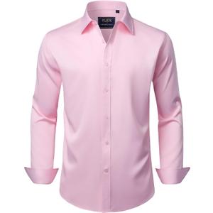 J.VER Men's Dress Shirts Solid Long Sleeve Stretch Wrinkle-Free Formal Shirt Business Casual Button Down Shirts (Pink, XXL)