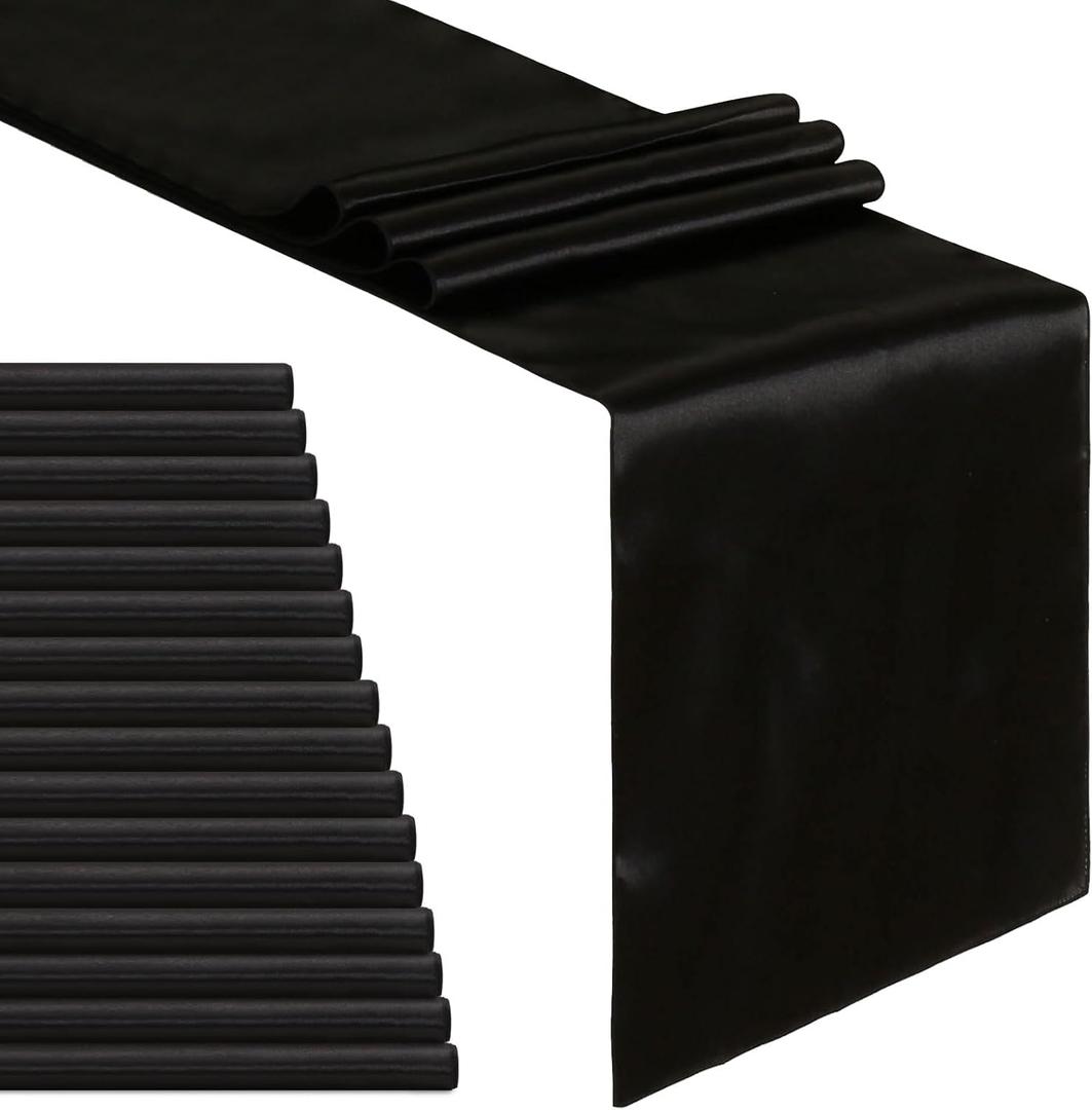 B-COOL Black Table Runner 16 Pack Satin Table Covers Long Silk Smooth Fabric for Wedding Birthday Party Banquet Table Decorations 12x108 inch