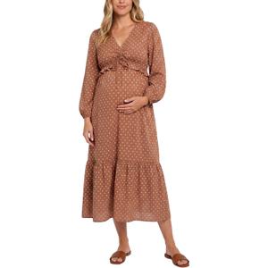 Motherhood Maternity Women's V-Neck Long Puff Sleeve Ruffle Midi Pregnancy Dress