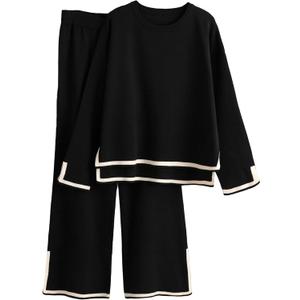 Tanming Women's 2 Piece Outfits Long Sleeve Knit Sweater Top Wide Leg Pants Lounge Sets Tracksuits (X-Large, Black)