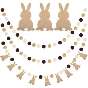 Boao 3 Pcs Easter Bunny Felt Banner with String 8 Pom Pom Balls Banner with Felt Bunny Farmhouse Easter Tree Decorations for Mantle, Indoor Holiday Birthday Party Supplies(Brown Color)