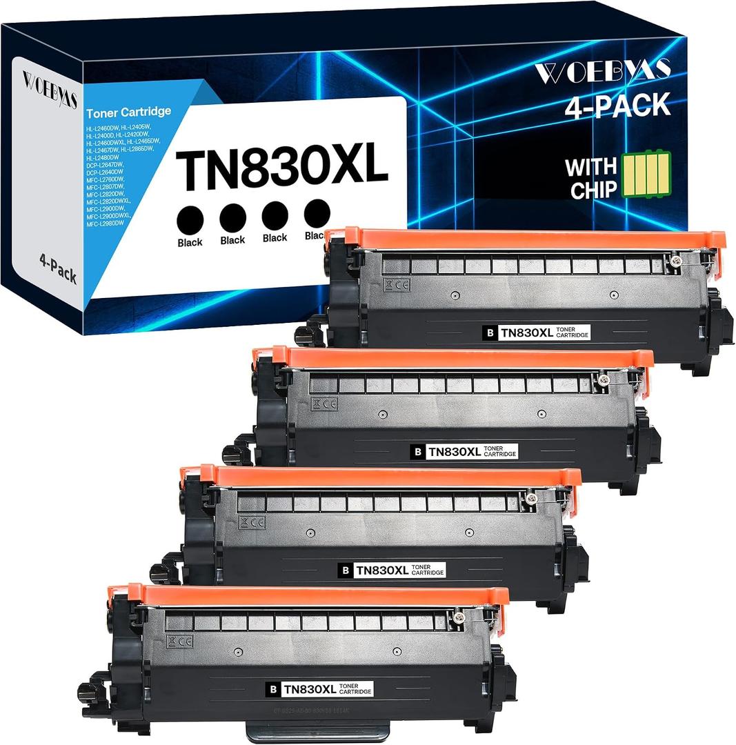 TN830XL Toner Cartridge Compatible Replacement for Brother TN830XL TN830 XL/V/R TN 830 for Brother DCP-L2640DW HL-L2460DW HL-L2480DW HL-L2400D HL-L2405W MFC-L2820DW Printers (4 Black)