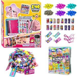 Sticker Bracelet Kit with Collection Book, 240 Mini Stickers Set, Wearable & Shareable Sticker Rolls, Kids Beading Set for Bracelet & Necklace Making, 1000+ Designs (6X Drop)