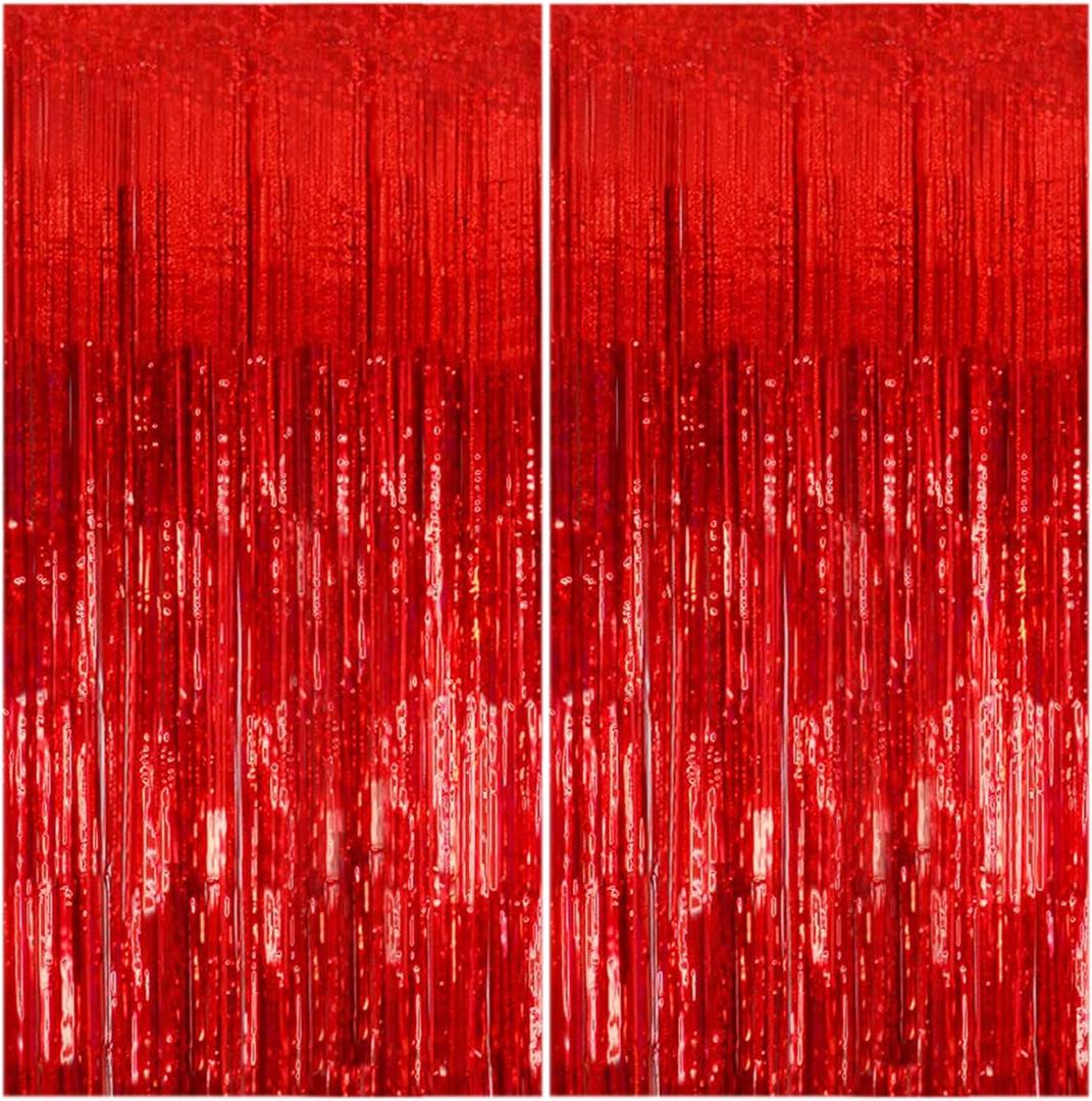 2 Pack Foil Curtain Backdrop Red Metallic Tinsel Foil Fringe Curtains Photo Booth Props for Birthday Wedding Engagement Baby Shower Bachelorette Christmas Holiday Celebration Party Decorations