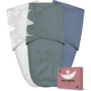 Newborn Swaddle Blanket Wrap 0-3 Months (3-Pack) - Adjustable Infant Sleep Sack, 100% Cotton Anti-Startle Soothing Sack, Soft Breathable Nursery Bedding - Midnight Navy + Slate Blue + Aegean Mist