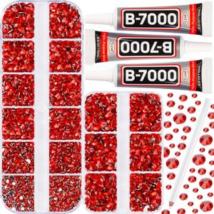 b7000 Gem Glue with 7500Pcs Red Rhinestones for Crafts Clothes Clothing Fabric, Flatback Crystals Rinstonestone for Shoes Crafting Tumblers Cups, Shiny Flat Back Bedazzler Diamonds kit 2-5mm (Small Pack + 3pcs Glue)