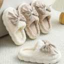 Plush Cute Bow Slippers for Women Furry Comfy Indoor Outdoor Non-Slip House Slippers (M)