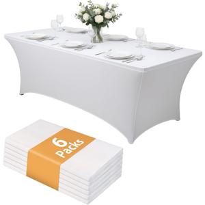 6 Pack 8FT Rectangular Spandex Tablecloth,Wrinkle Resistant Fitted Cover for 96x30 inch Banquet Table Cloth, Washable Stretch Fabric for Party, Events, Wedding, Vendor - White