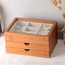 Jewelry Box with Glass Lid, 3 Layer Jewelry Organizer for Women, Solid Wooden Jewelry Box Display for Ring Earrings Necklace Bracelet, Pine Wood Jewelry Boxes Vintage Style for Gifts