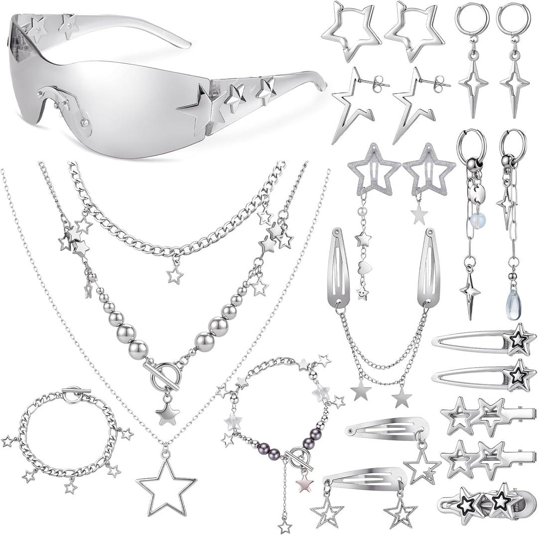 Y2K Accessories Set Y2k Star Sunglasses Silver Necklace Earrings Hair Clips Gothic Punk Style