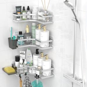 AKTECKE Corner Shower Caddy Bathroom Organizer: Adhesive Shower Rack Bathtub Shelves - 3Pack No Drilling Shower Shelf For Inside Shower - Stainless Steel Rustproof Bathroom Stuff (10.5"10.5"2.8", cool silver)