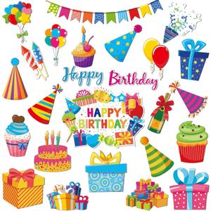 Fabbay 25 Pcs Happy Birthday Cruise Door Magnets Decorations Reflective Colorful Magnetic Stickers Car Magnets Decorations Banner Cake Box Balloon for Cruise Door Birthday Party Metal Surface Decor