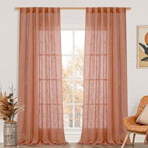 LAMIT Linen Curtains for Living Room 120 Inches Long, Back Tab and Rod Pocket Semi Sheer Panels Light Filtering Farmhouse Drapes for Bedroom/Dining Room, Terracotta, Set of 2, 52 x 120 Inch