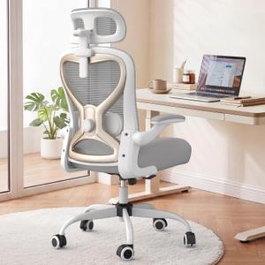 Home Office Desk Chairs, Ergonomic Office Chair with Lumbar Support & 3D Headrest, Computer Desk Chair with Flip-up Armrests, Perfect for Office or Study, Gray/Gold
